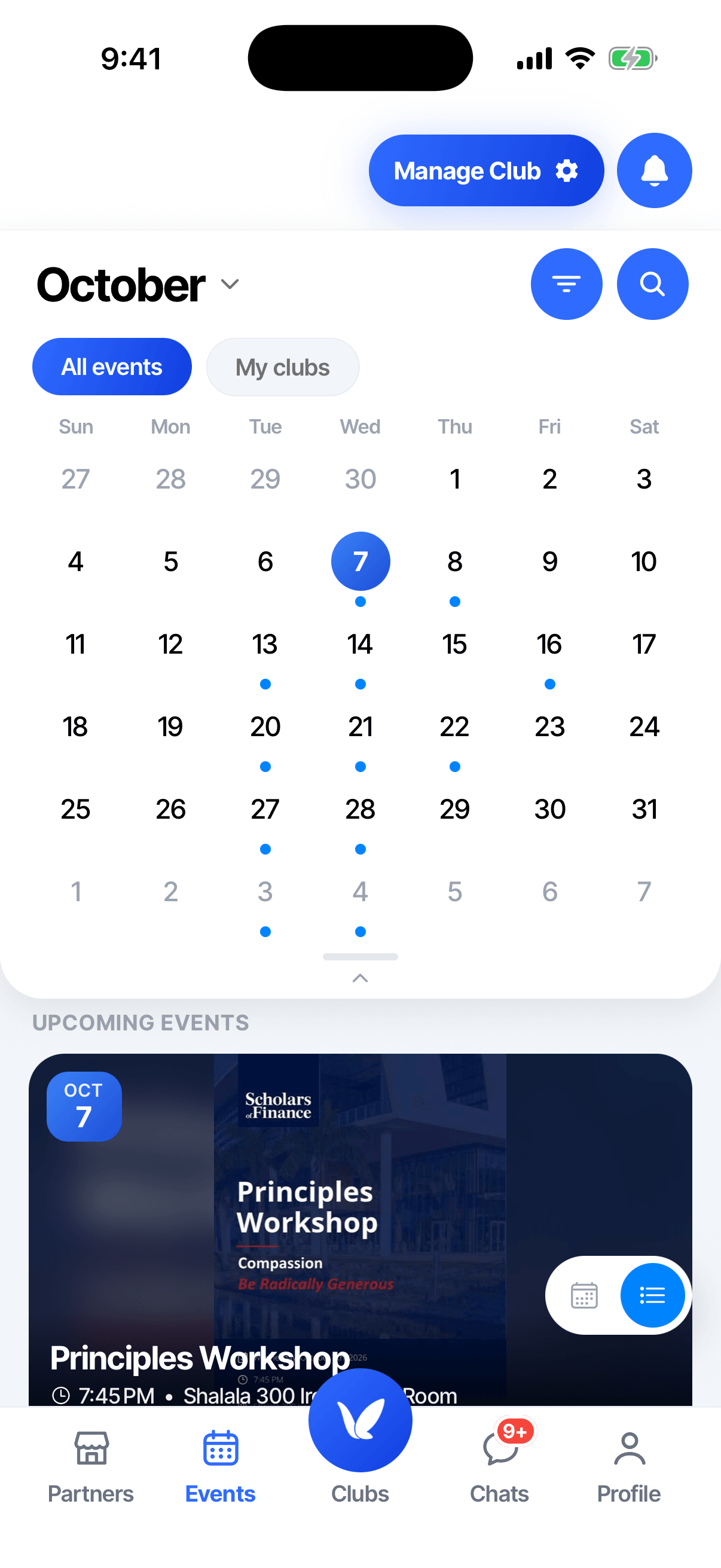 VibeLink Events and Calendar: campus events laid out by day